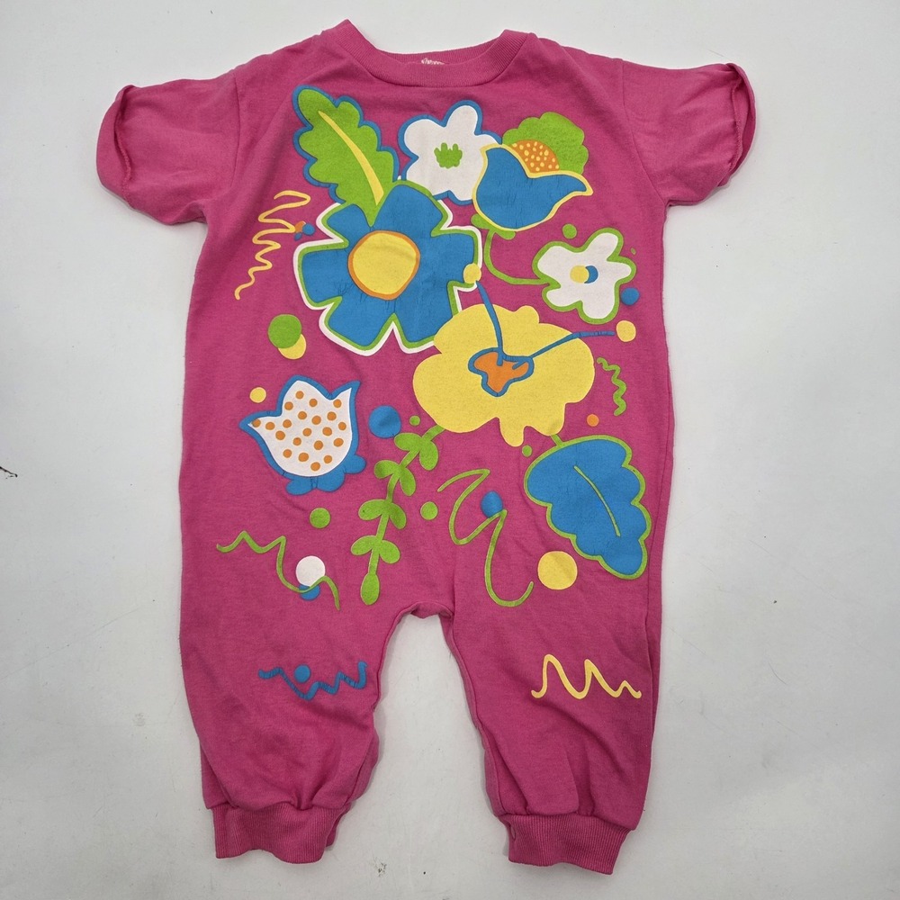 Vintage 90s Gerber Baby Romper 12M Neon Floral Graphic Made USA One Piece